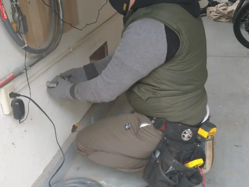 Electrician performing outlet wiring in a Sherburne garage